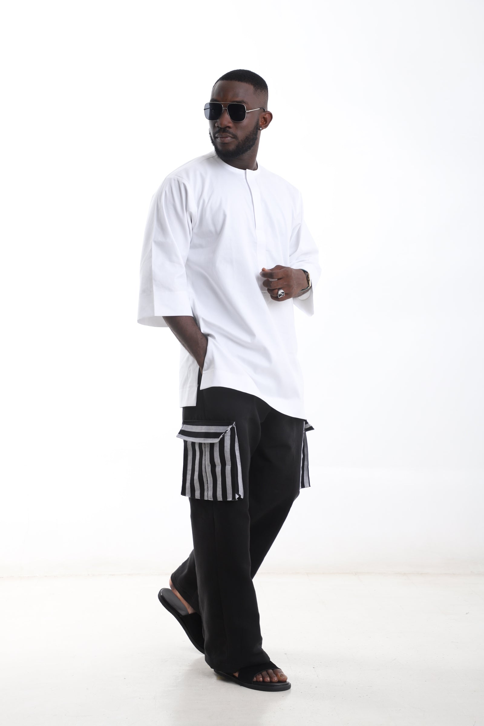 White Minimalist Top &amp; Black Aso-Oke Cargo Pants Set