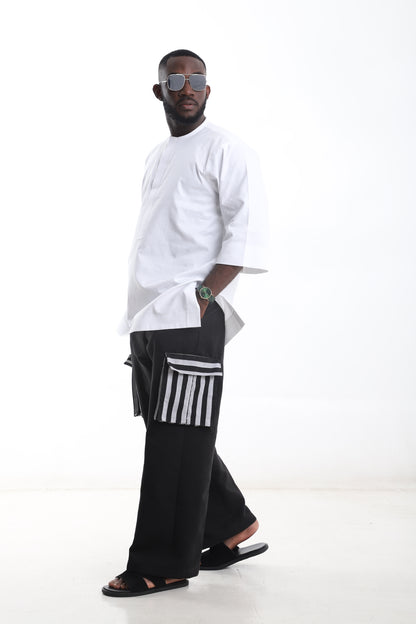 White Minimalist Top &amp; Black Aso-Oke Cargo Pants Set