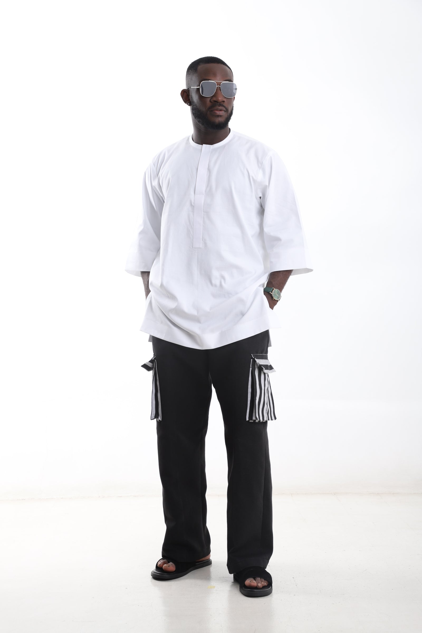 White Minimalist Top &amp; Black Aso-Oke Cargo Pants Set