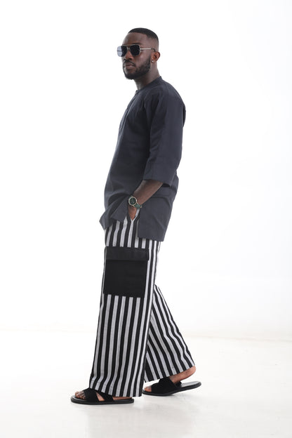 Black &amp; White Striped Aso-Oke Pants for Men