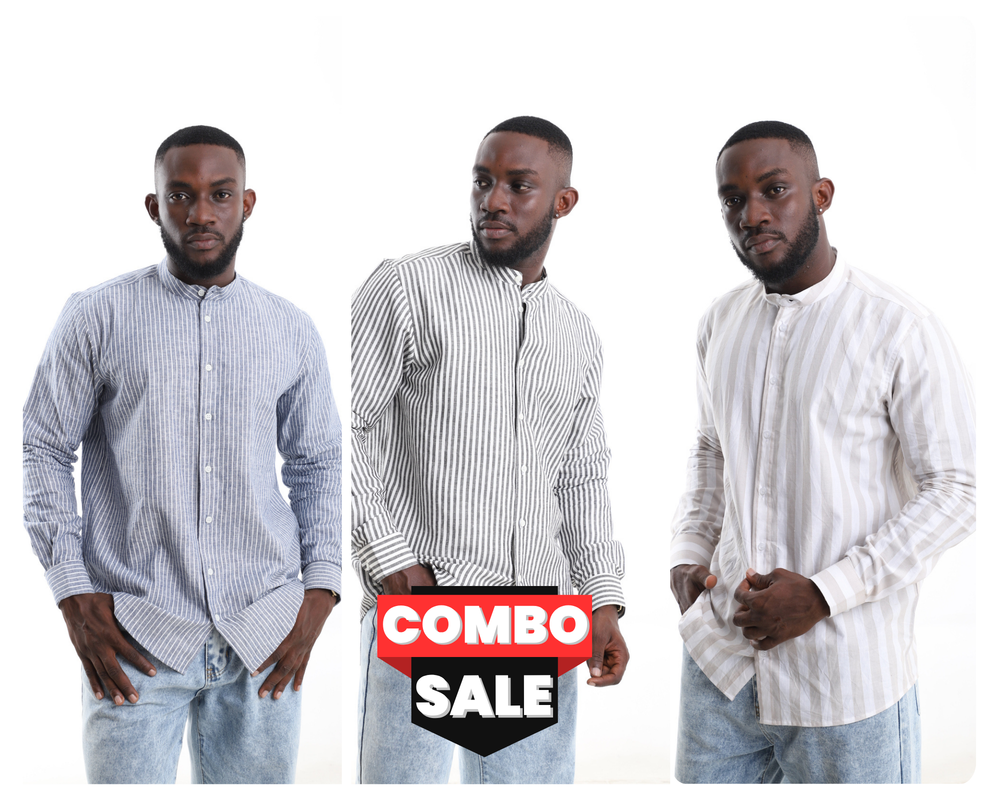Men’s Premium Linen Shirt Combo (3-Pack) – Mandarin Collar Striped Shirts