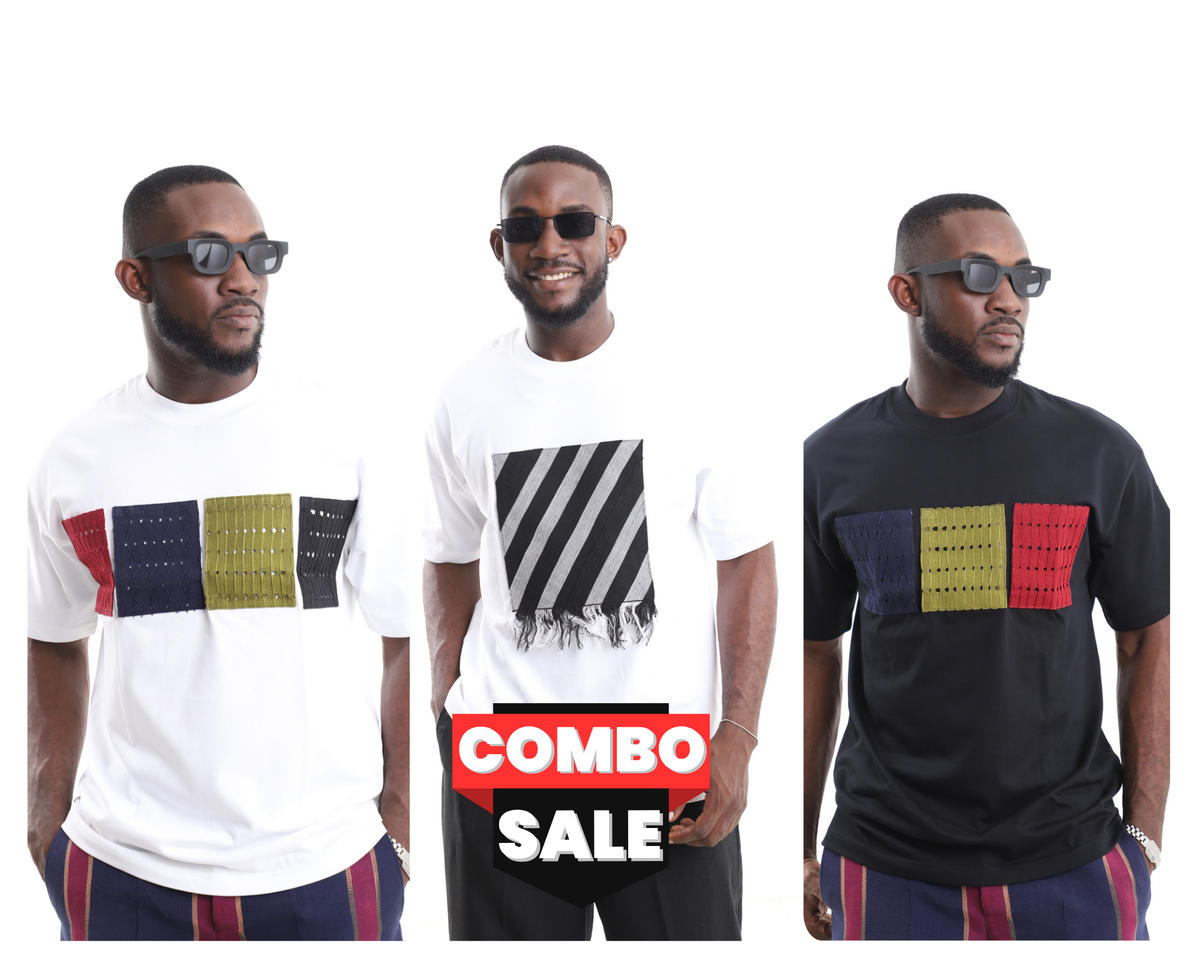 King Kaftan Textural Patchwork & Fringed Cotton T-Shirt Trio Combo Pack – Front View – African men's fashion Nigeria