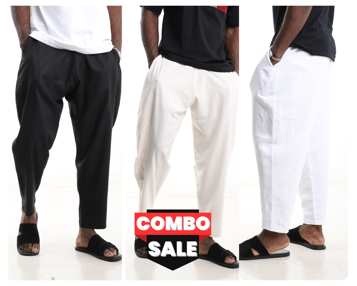 King Kaftan Tapered Lightweight Linen Pants Trio Combo Pack – Front View – African men's fashion Nigeria