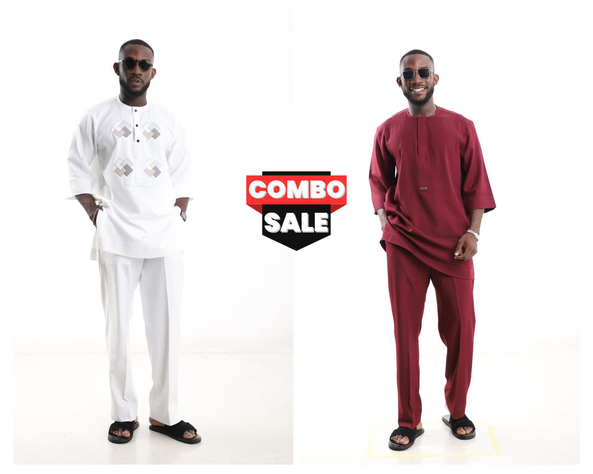 King Kaftan Cotton Danshiki and Polished Cotton Senator Wear Combo Set – Front View – African men's fashion Nigeria