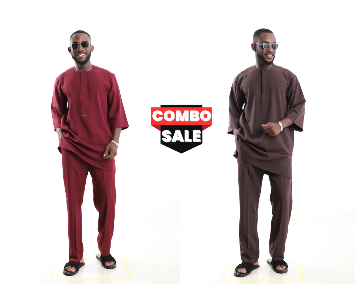 King Kaftan Polished Cotton Maroon and Chocolate Brown Senator Wear Combo Set – Front View – African men's fashion Nigeria