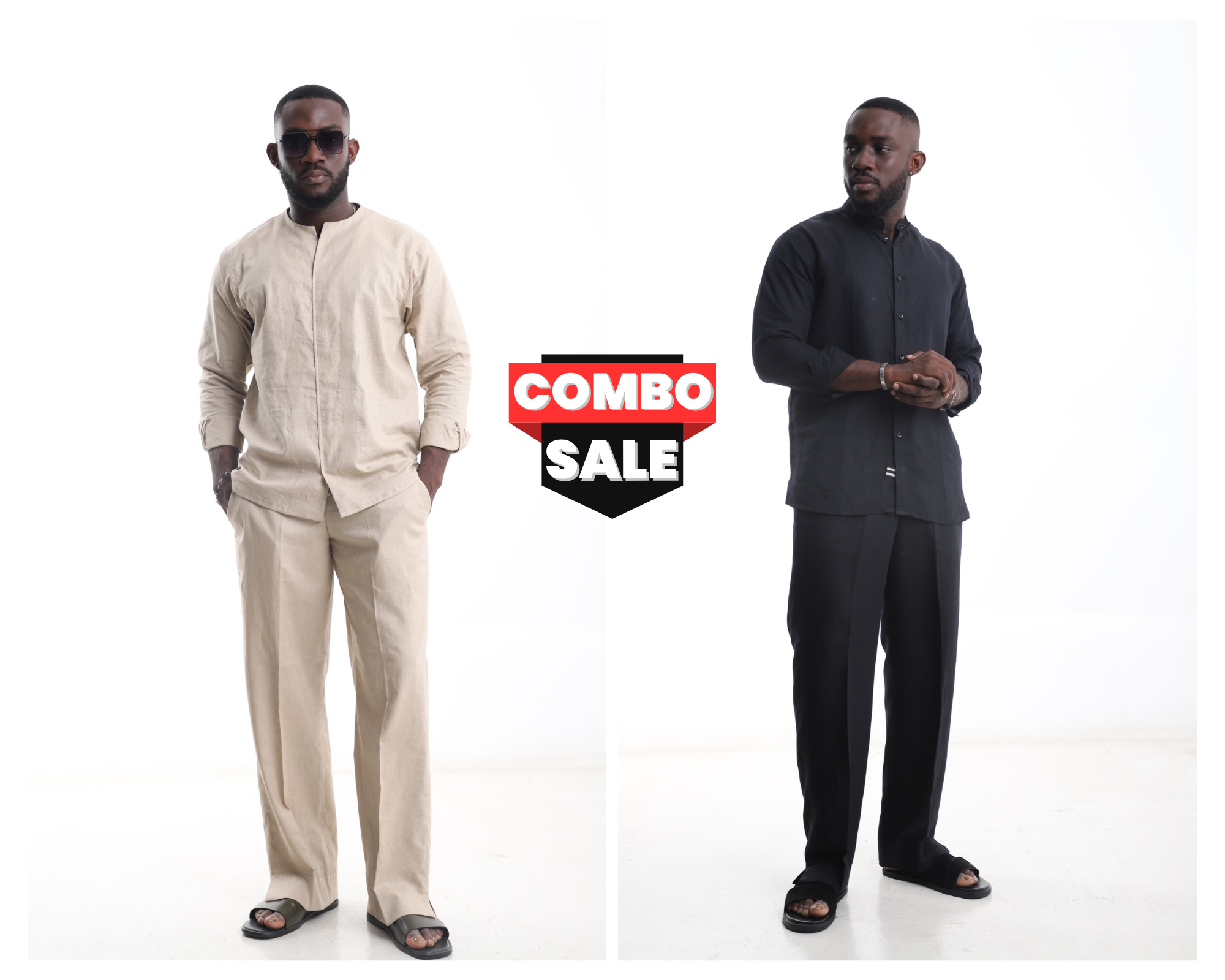 Men’s Premium Linen Set Combo – Sand Beige &amp; Classic Black Two-Piece Outfits