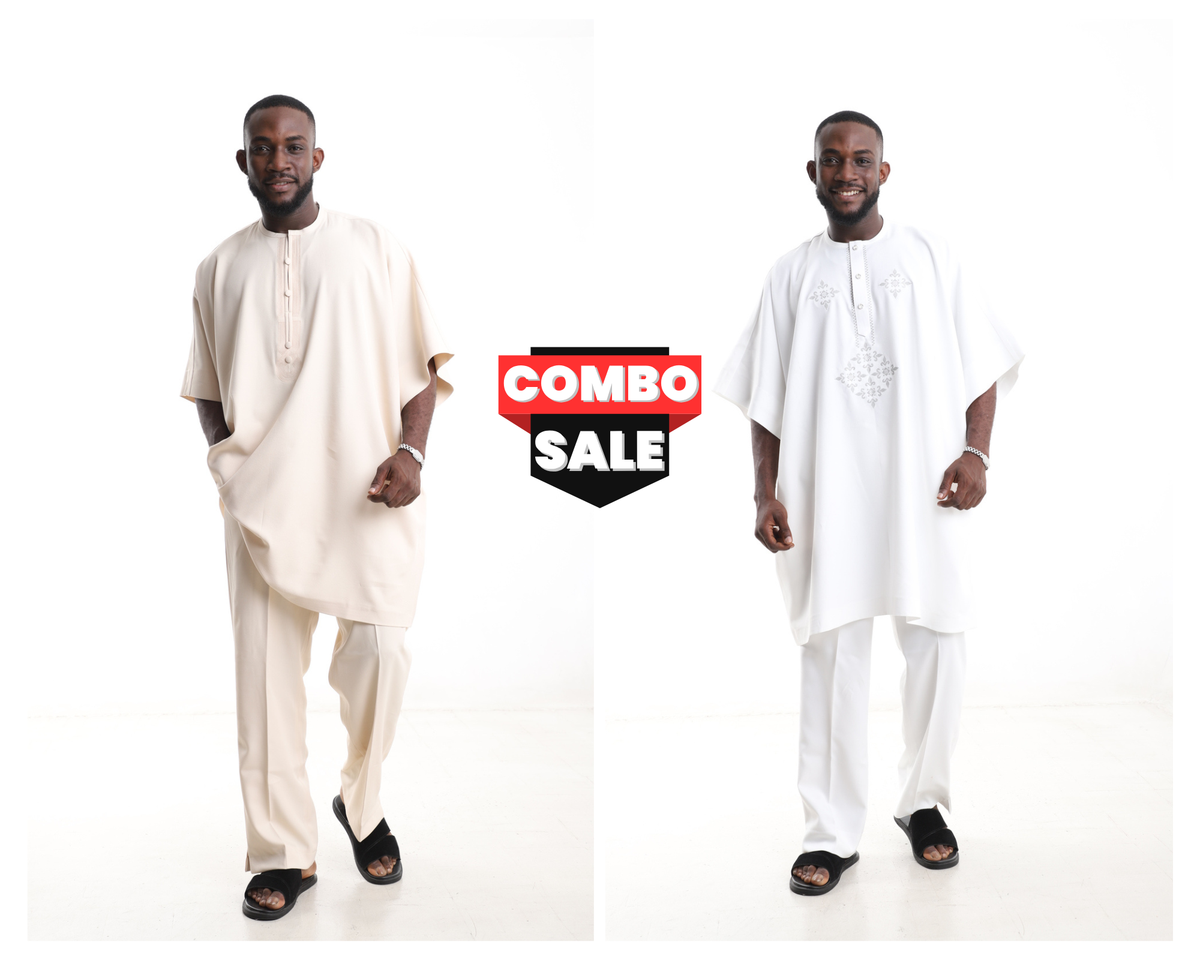 King Kaftan Minimalist Embroidered Danshiki Polished Cotton Combo Set – Front View – African men's fashion Nigeria