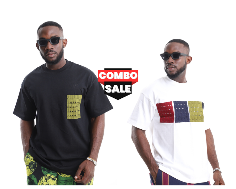 Textural Patchwork Cotton T-Shirt Combo Pack (Black & White)