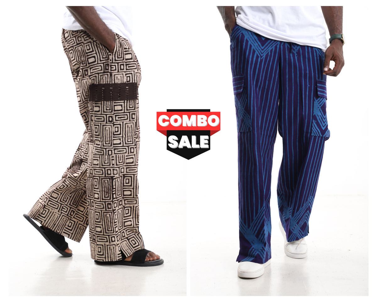 King Kaftan Printed Cotton Adire Cargo Pants Combo Set – Front View – African men's fashion Nigeria